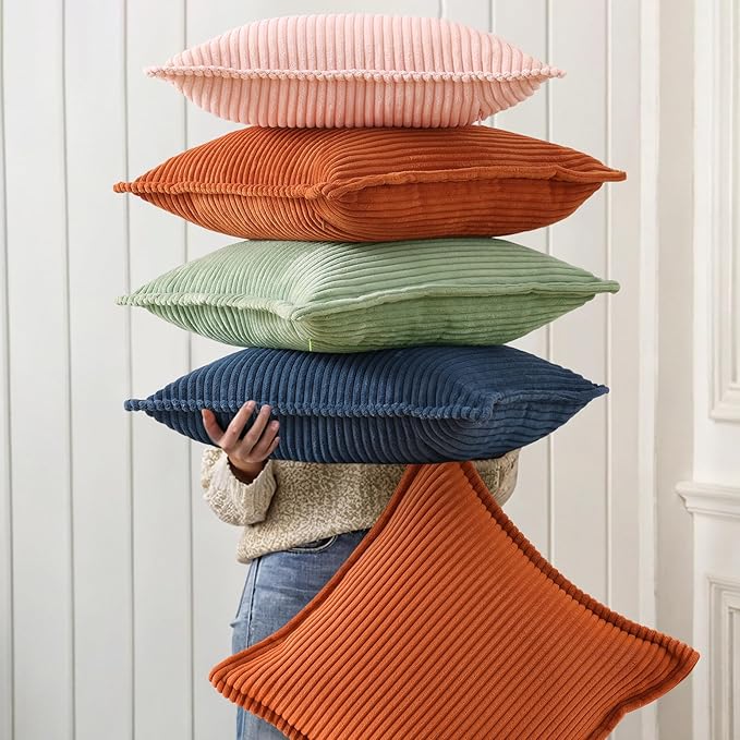 decorUhome Corduroy Navy Blue Throw Pillow Covers 16x16 Set of 2 Decorative Soft Boho Farmhouse Euro Couch Pillow Covers for Living Room Bed Sofa Broadside Striped Pillow Cases