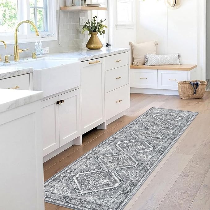 KUTA Oriental Washable Runner Rug, 2x7 Non-Slip Vintage Grey Hallway Kitchen Runners Soft Printed Distressed Tribal Farmhouse Floor Carpet Rugs for Laundry Bedroom Living Room