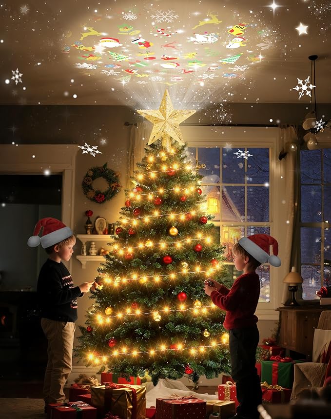 Christmas Tree Topper with 32.8FT Warm Light Cord and 6 Projection Modes, Christmas Star Tree Topper Built-in LED Rotating Projector Lights, 3D Glitter Christmas Tree Decorations (Gold)