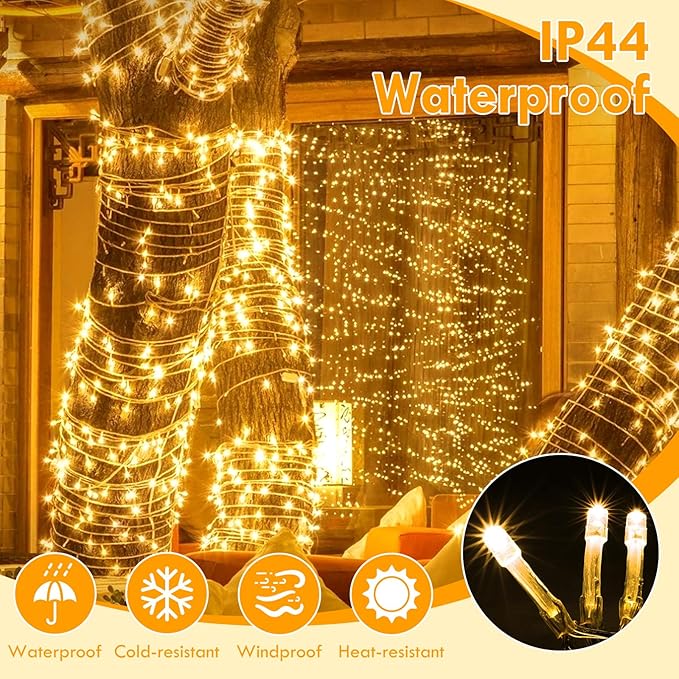288FT 800LED Extra-Long String Lights Indoor Outdoor Clear Wire, Warm White Christmas String Lights, Plug in Twinkle Fairy Light With Timer and Memory For Wedding Patio Tree Yard Christmas Decorations