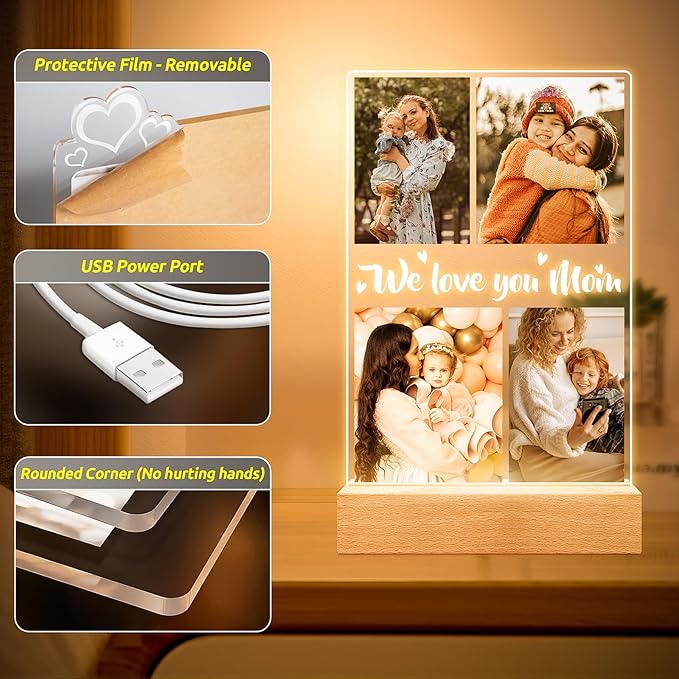 Personalized Picture Frame with Night Light, Custom Photo Frame with Photos, Customized Gifts for Mom Girls Boys, Personalized Christmas Birthday Gifts for Mom, Kids, Baby, Family