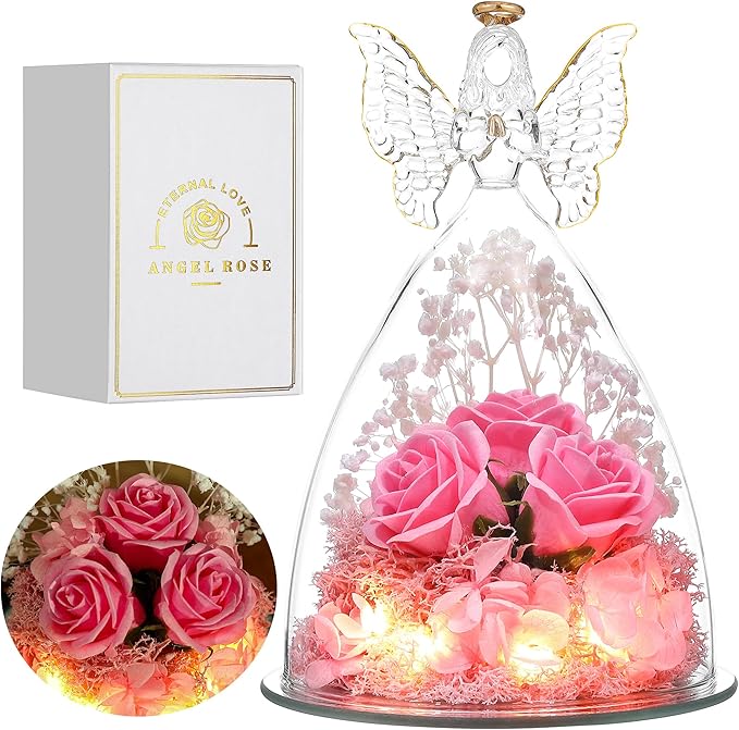 Mothers Day Mom Gifts for Women Preserved Flowers in Glass Angel Forever Flowers Gifts Eternal Roses Gifts for Grandma - Pink