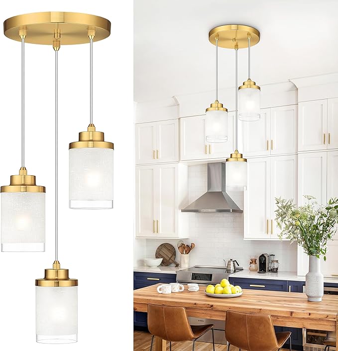 TENGXIN Pendant Lights,3-Light Brushed Gold Pendant Light for Kitchen Island,Hanging Lamp Ceiling Light Fixture, Farmhouse Pendant Lighting for Dining Room Bedroom