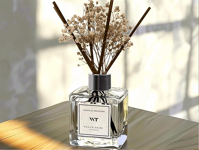 WEALD TRIBE Reed Diffuser Set for Bathroom Air Fresheners with Real Flower, Oil Diffuser Stick | Vanilla Whiskey Scent 5.1 fl oz Home Fragrance with Sticks Defusers | House Bedroom Office Shelf Decor