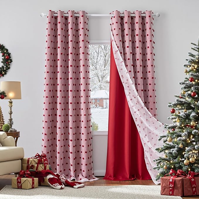 MYSKY HOME Red Christmas Blackout Curtains for Living Room 84 Inches Long with Pom Pom Sheer Nursery Curtains Girl Room Darkening Double Layer Window Drapes Grommet, 52 x 84 in, 2 Pieces
