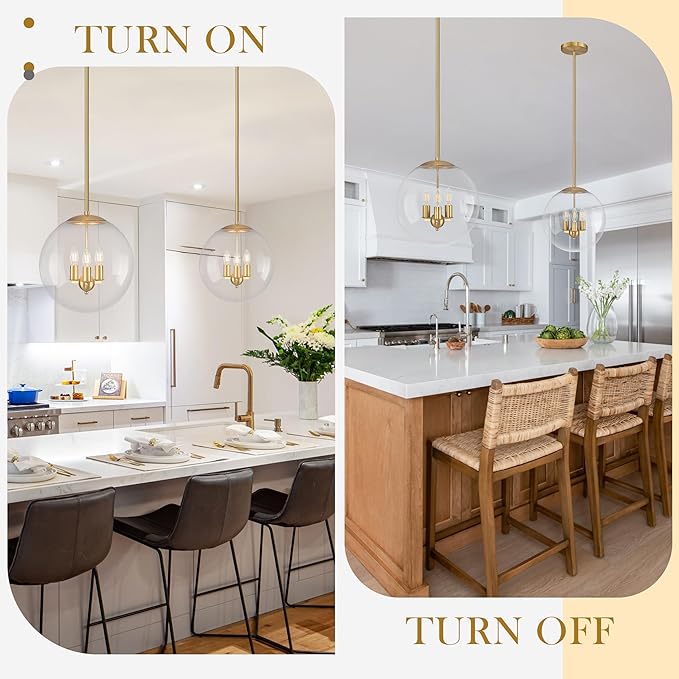 13.7" Globe Pendant Light Contemporary Globe Pendant Lights Kitchen Island 3 Light Gold Mid Century Pendant Light Clear Glass with Brass Finish Adjustable Hanging Light Fixture for Dining Room