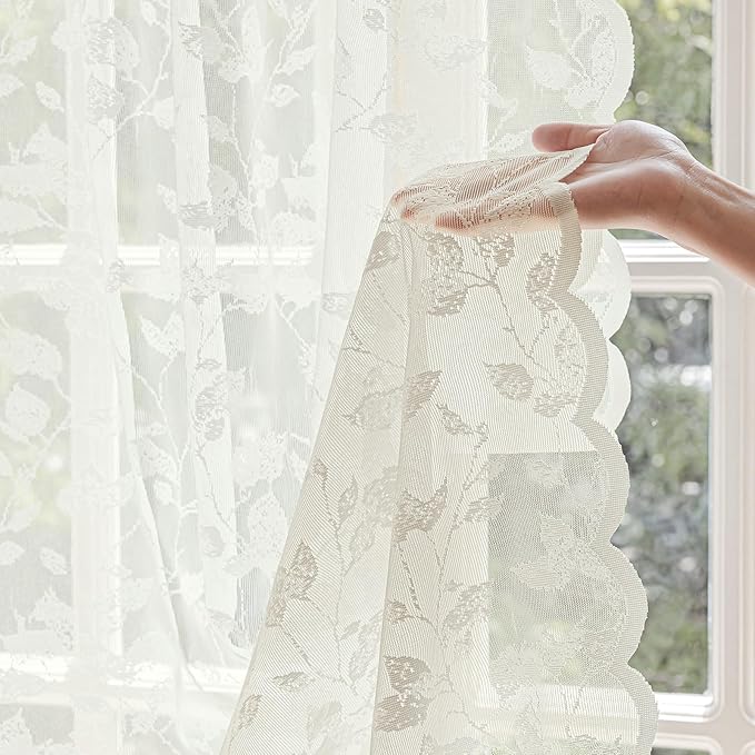 Ivory Lace Sheer Curtains 84 inches Long – Vintage Leaves Pattern Lace for Living Room/Bedroom, Light Filtering Rod Pocket Drapes, Privacy Chic Window Treatments, 52W x 84L Inch, 2-Panel Set