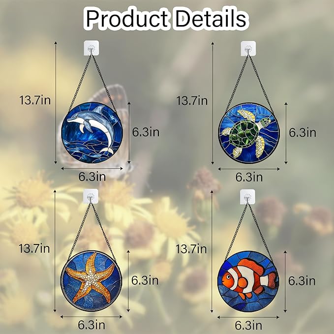Stained Glass Window Hanging 4 Pcs Set Blue Ocean Turtle Dolphin 6.3" - Marine Life Suncatcher Garden Sun Catcher Decor Birthday Mother's Day for Mom Woman Nana Men