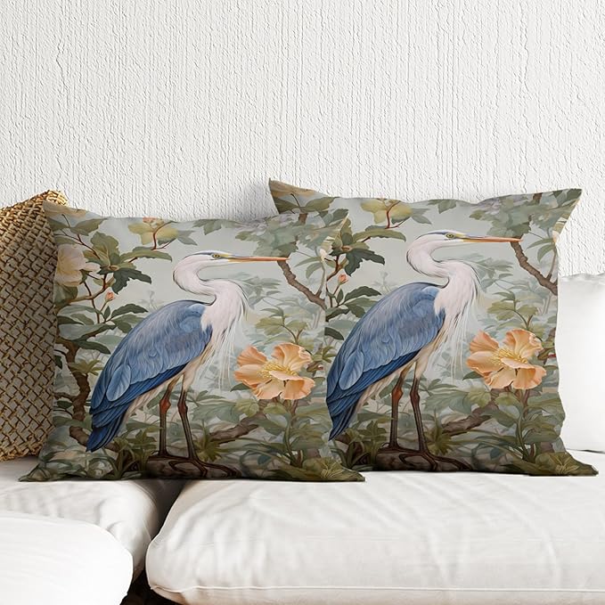 Blue Heron Throw Pillow Covers 18x18 Inch Rustic Bird Animal Throw Pillow Covers for Couch Chinoiserie Pillowcases Vintage Nature Floral Botanical Farmhouse Sofa Cushion Cover Set of 2