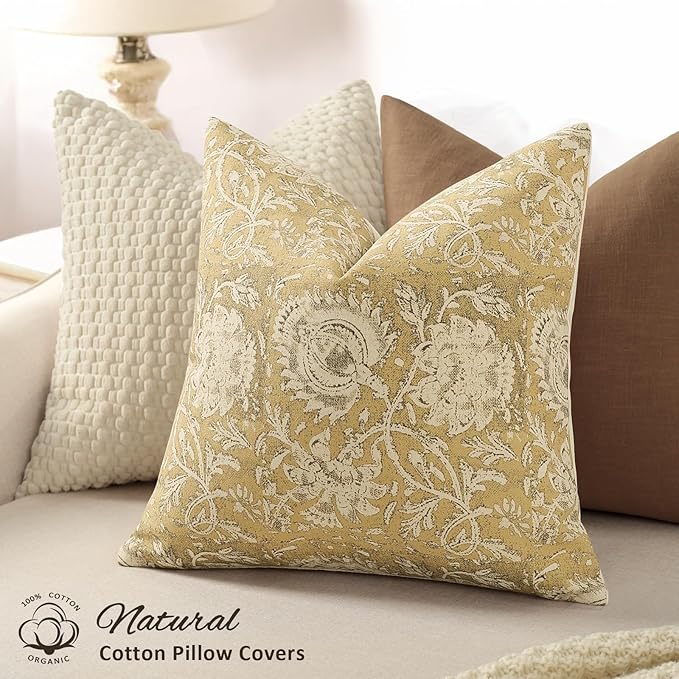 Vintage Floral Print Throw Pillow Covers 20x20 Set of 2 Neutral Modern Farmhouse Pillowcases Accent Decorative Cushion Covers Boho Home Decor for Couch Sofa Chair Bed Living Room, Yellow