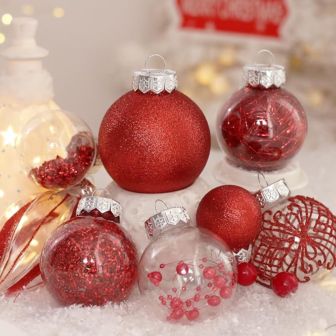 Christmas Ornaments Set, 32Pcs Clear Plastic Shatterproof Christmas Ball Hanging Ornaments for Xmas Tree Decorations, for Indoor Home Thanksgiving Party Holiday Decor - Red.