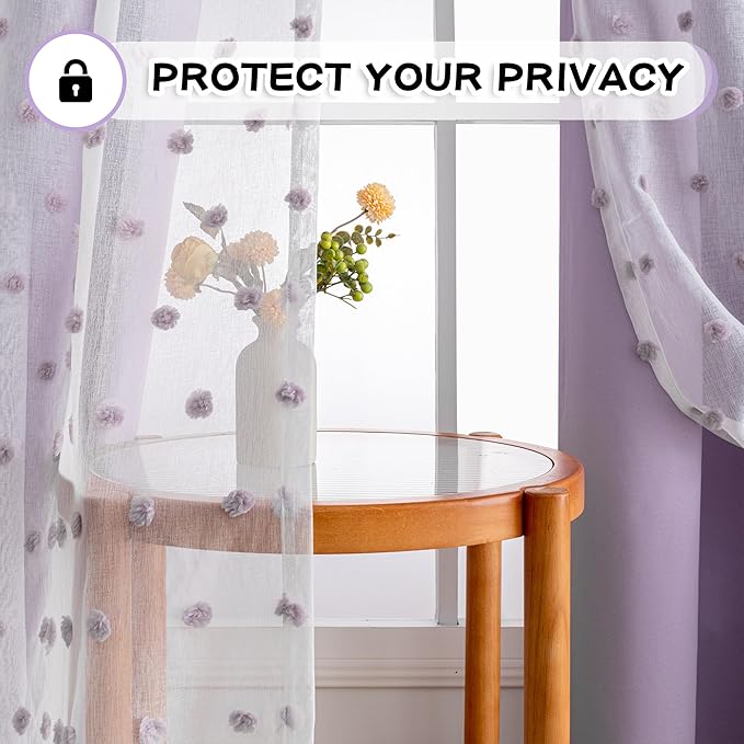 MYSKY HOME 90 Inches Long Curtains with Lilac Pom Pom Sheer Nursery Curtain Girl Blackout Drapes for Kids Bedroom 2 Layered Room Darkening Window Panels for Toddler Grommet, Purple, 52" Wide, 2 Pieces
