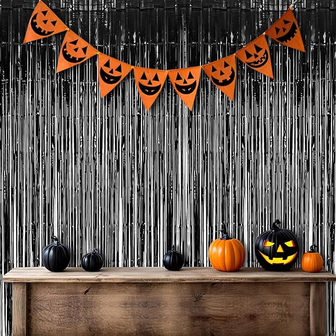 Foil Fringe Curtain Halloweens Party Decorations - Pure Black Tinsel Photo Backdrop Party Steamers Curtains for Christmas/New Years/Boy/Men/Birthdays/Music/Stranger Theme/Prom/Retirement Parties