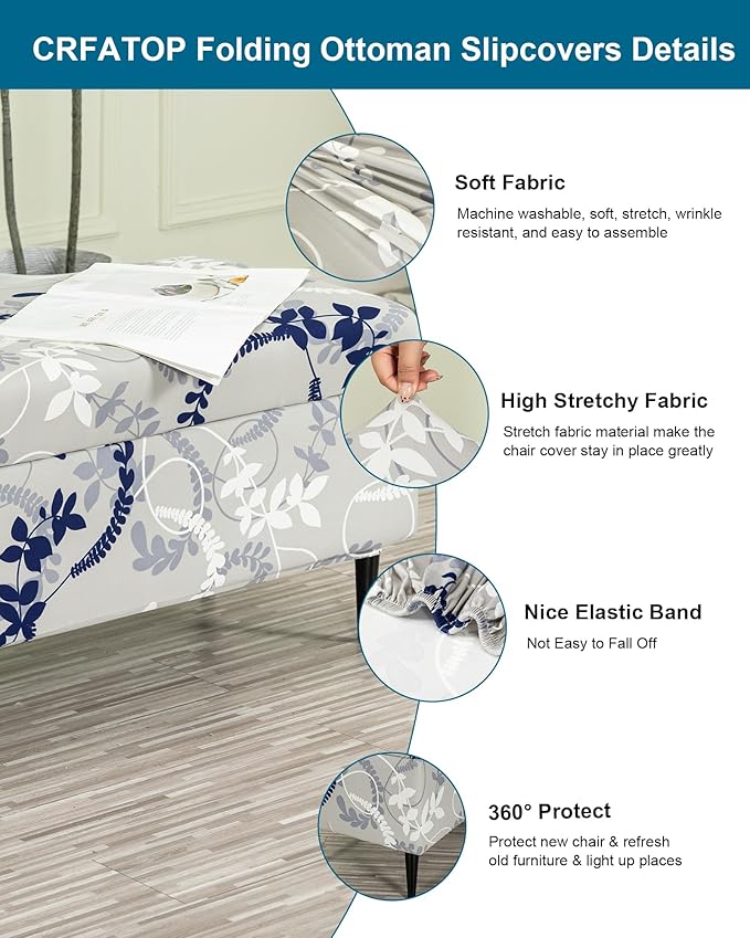 CRFATOP Printed Rectangle Ottoman Stool Cover Stretch Folding Storage Footstool Bench Slipcovers Upholstered Foot Chest Chair Covers Washable Entryway Furniture Protector with Elastic Bands,L,10