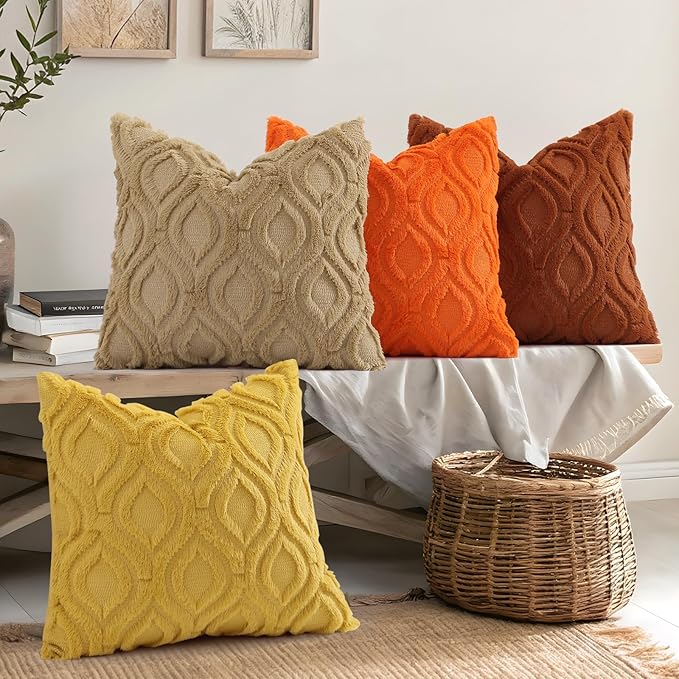 decorUhome Throw Pillow Covers 20x20 Inch Set of 2, Soft Plush Faux Wool Rust Solid Couch Pillow Covers, Accent Farmhouse Neutral Square Pillow Cases for Sofa Bed Living Room