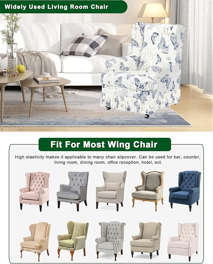 CRFATOP 2 Piece Stretch Wingback Chair Cover with Skirt Printed Wing Chair Slipcovers Spandex Fabric Wingback Armchair Covers with Cushion Slipcover for Living Room Bedroom Wingback Chair,C06