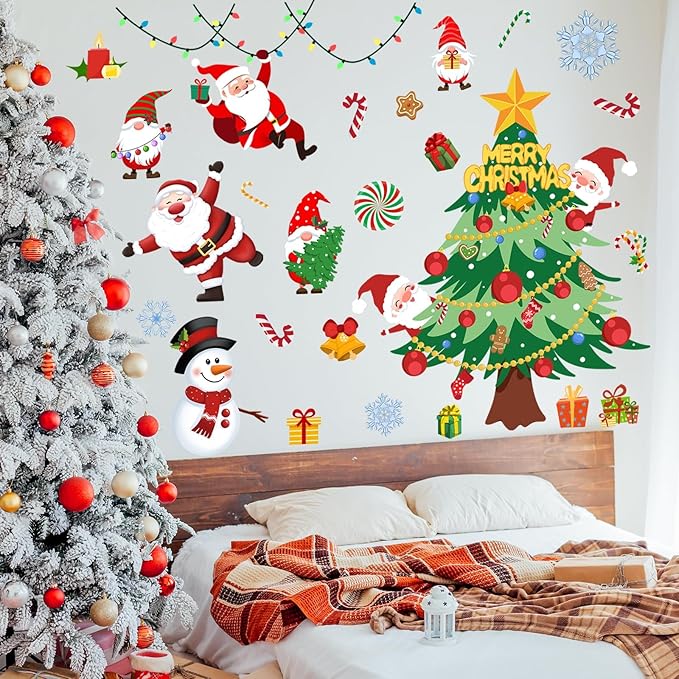 41.33 x 41.33 Inch Christmas Tree Wall Decal Christmas Santa Claus Snowmen Wall Stickers Removable Xmas Wall Decor for Christmas Holiday Party Supplies Home Window Decor