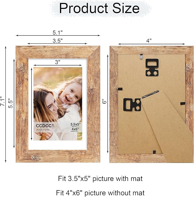 4x6 Picture Frame Set of 2, 4 x 6 Wood Photo Frames with Mat for 3.5x5, Natural Wooden Frame with Real Glass Cover for Wall and Tabletop Display,Brown
