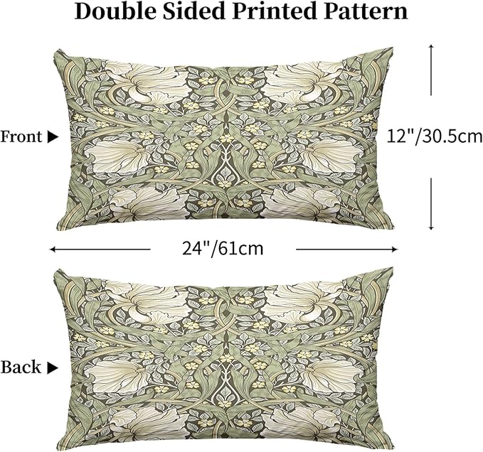Green Botanical Pillow Protectors with Zipper Standard Size William Morris Floral Print Pillow Covers Set of 2 Vintage Rustic Nature Flowers Pillow Cases Midcentury Modern Bed Pillow Covers 12"X24"