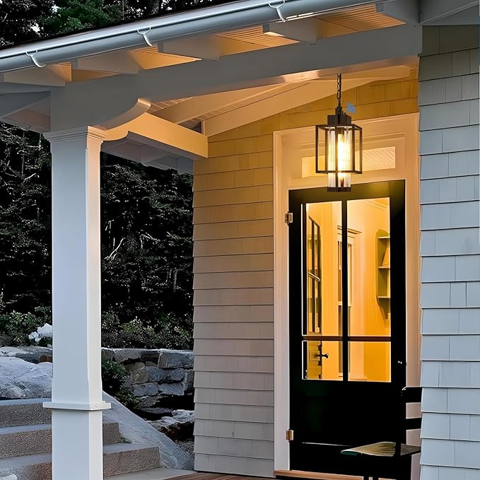 Outdoor Pendant Light, 16" Dusk to Dawn Exterior Chandelier Porch Hanging Light with Clear Glass, Modern Black Outdoor Hanging Lantern for Porchs Gazebo, OS-KY1006
