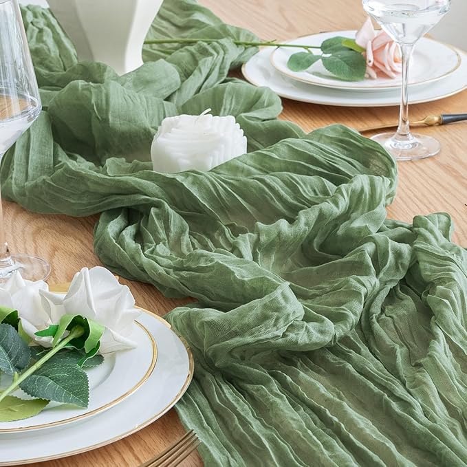 3PCS Table Runner Cheesecloth 10FT Sage Green Boho Gauze Cheese Cloth Rustic Sheer Table Runners for Wedding Bridal Baby Shower Party Decoration