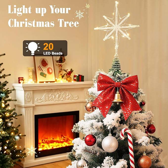 Lewondr Christmas Tree Topper Star, 15.94" Epoxy Bethlehem Star Tree Topper with 20 LED Bulbs, 6 Hrs Timer and 8 Light Modes USB Remote Control, Christmas Treetop Decor for Home Holiday, Silver