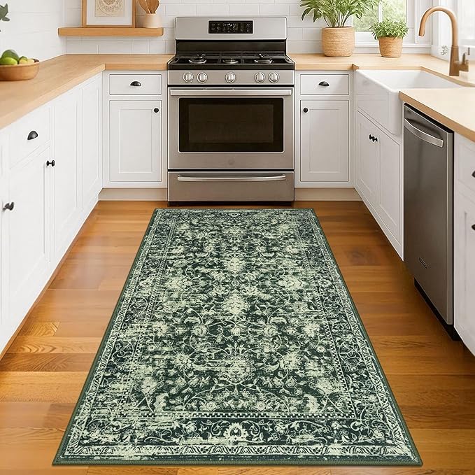 KILOCOCO Area Rug 3x5 Entryway Rug Washable Printed Vintage Floral Rubber Backed Non Slip Indoor Kitchen Rugs for Living Room Laundry Room Playroom Mudroom Moroccan Area Rugs, Green