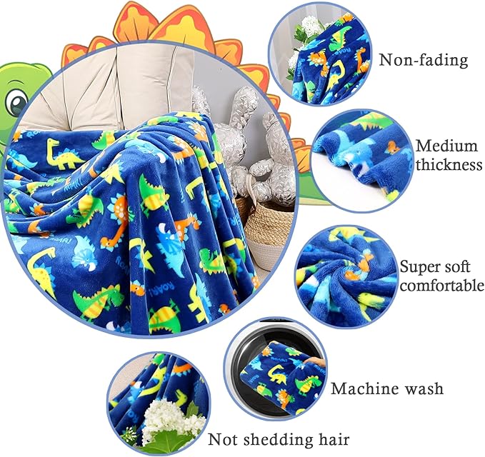Warm Soft Toddler Fleece Blankets for Boys with Dinosaur Pattern Print - Cozy Fuzzy Plush Flannel Kids Throw Blanket for Daycare & School - 50x60 inches