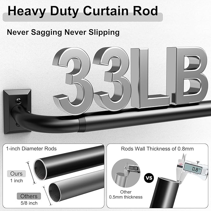 Black Curtain Rods, Heavy Duty Wrap Around Curtain Rod for Windows 66 to 120 Inch, Adjustable Decorative Blackout Drapery Pole, Modern Room Darkening Rod for Blackout Curtains, Matte Black
