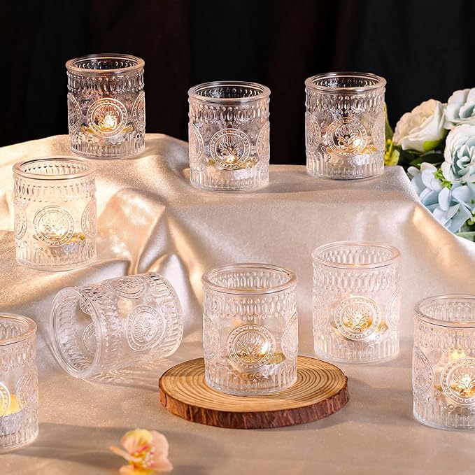 12 Pcs Clear Votive Candle Holders, Glass Tealight Candle Holders Embossed Candle Holder for Wedding Table Centerpiece, Home Decor, Birdal Shower, Party