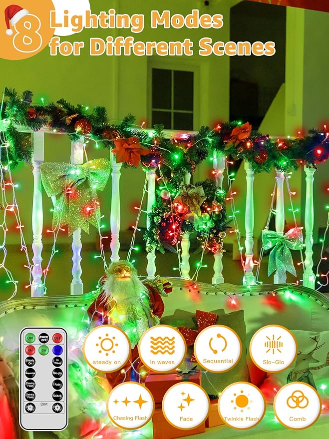 Christmas Lights 600 LED 98FT, Waterproof Outdoor String Lights with Remote and Timer, 8 Modes Dimmable Fairy Lights for Indoor Outdoor Wedding Party Holiday Decorations (Red and Green)