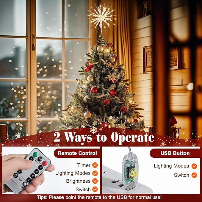 Lewondr Christmas Snowflake Tree Topper, 12.2 in 30 LED Xmas Tree Topper with Glittered Epoxy, Remote & USB Powered Snowflake Treetop, Xmas Home Decor for Party, 6H Timer & 8 Modes, Warm Light, Gold