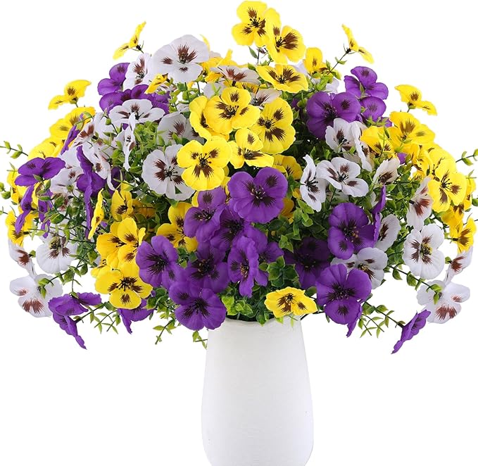 Artificial Fake Pansy Flowers for Outdoor, Faux Silk Pansies Spring Flowers for Outside for Planter Front Door Porch Yard Patio Window Box Home Decor (36, Purple, Yellow, White)