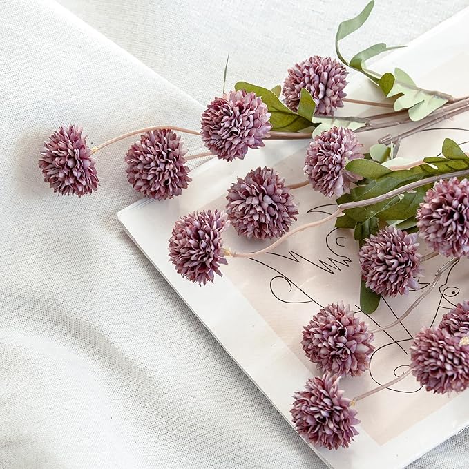 Laelfe Artificial Kiku Flower - 5 Pcs Fake Pompon Mums Silk Small Chrysanthemum Faux Ball Fall Flower Stem Decor for Autumn Wedding Filler DIY Bouquet Centerpieces Arrangements Shower (Grey Purple)