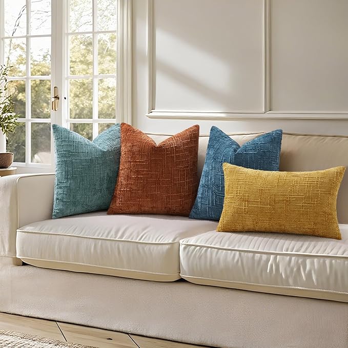 decorUhome Navy Blue Chenille Throw Pillow Covers 18x18 Set of 2 Thick Textured Slubby Couch Pillow Covers Farmhouse Accent Modern Neutral Decorative Pillow Cases for Bed Sofa Living Room
