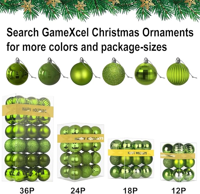 Lime Green 2.5" Christmas Balls Christmas Tree Decoration Ornaments Shatterproof Hanging Balls for Birthday Halloween Holiday Wedding Decorations Set of 18pcs