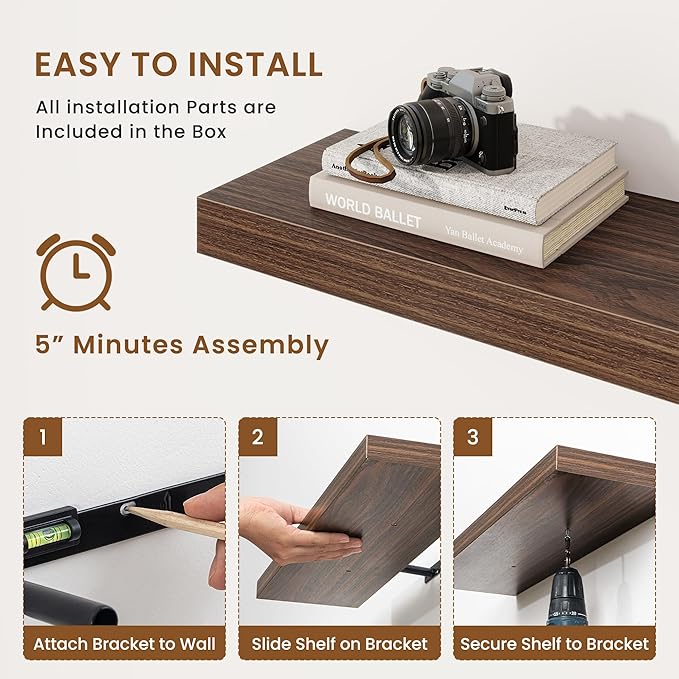 fuqing Floating Shelves for Wall, Wall Mounted Wood Floating Shelf with Invisible Brackets for Living Room, Bathroom, Bedroom, Kitchen Storage and Decor, 36 Inch Set of 2, Walnut