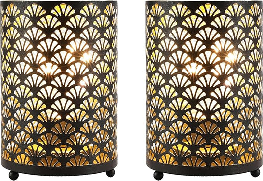 TRIROCKS Set of 2 Battery Operated Lamp 6.5'' Tall Metal Cordless Table Lamp Bronze Lanterns with Warm Fairy Lights Bulb for Patio Garden Wedding Parties Indoor Outdoor(Scalloped Hollow Pattern)