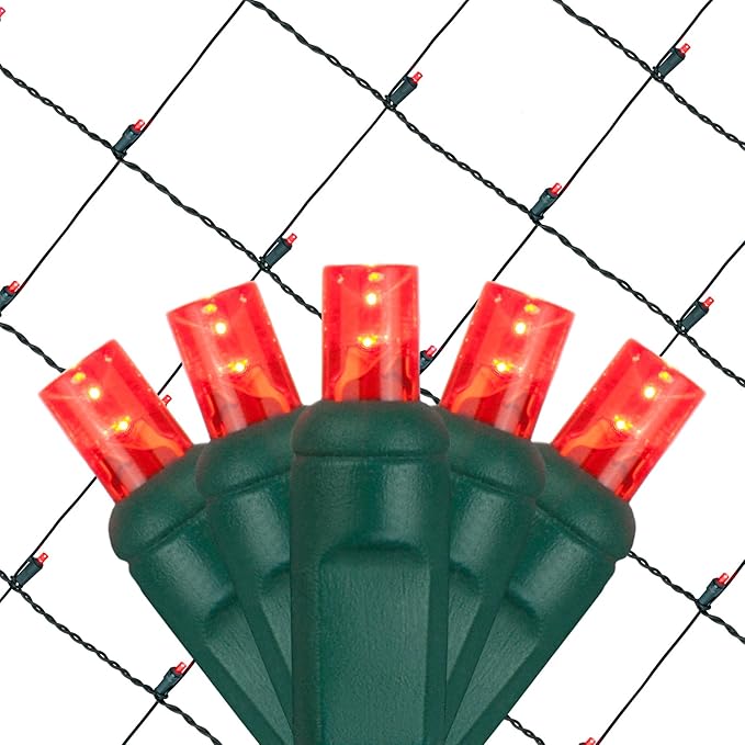 Wintergreen Wintergreen Lighting Set of 100 LED Red Net Lights Outdoor Christmas Decorations, Green Wire (4 x 6 ft, 5mm Lights, Red)
