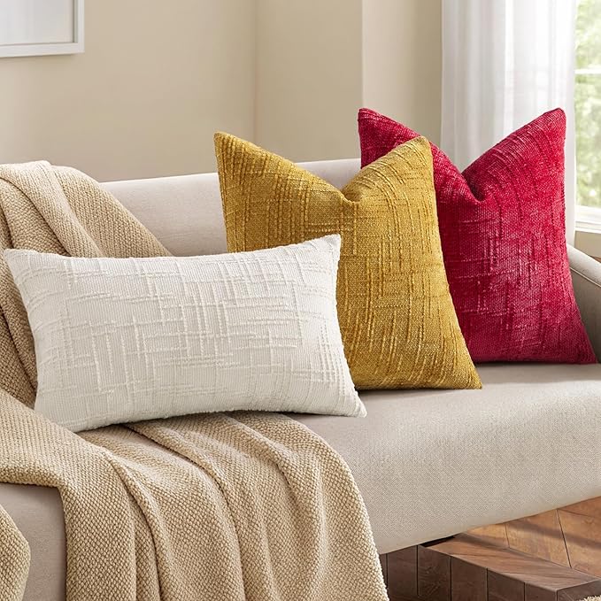 decorUhome Christmas Red Chenille Throw Pillow Covers 20x20 Set of 2 Thick Textured Slubby Couch Pillow Covers Farmhouse Accent Modern Neutral Decorative Pillow Cases for Bed Sofa Living Room