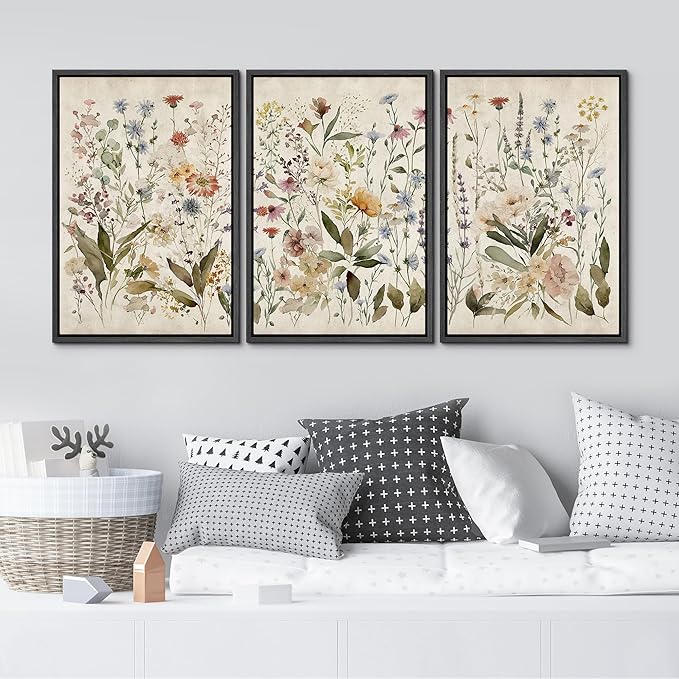 MUDECOR Framed Wall Art Print Set Blooming Wildflowers Illustrations Modern Art Decorative Colorful Chic for Living Room, Bedroom, Office - 24"x36"x3 Black