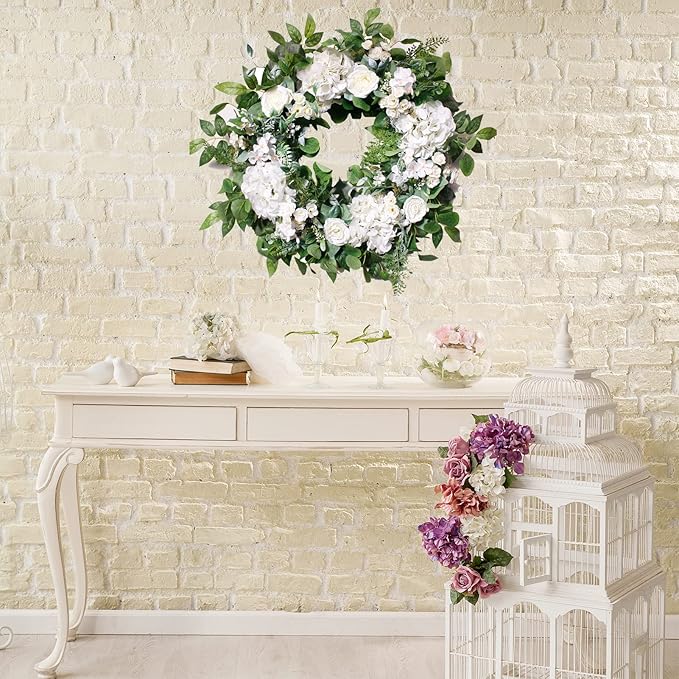 24 Inch Spring Summer Wreaths for Front Door, Spring Wreath,Summer Door Wreaths Outside,Large Floral Flowers Wreath with White Hydrangea for All Seasons Indoor Outdoor Home Decor