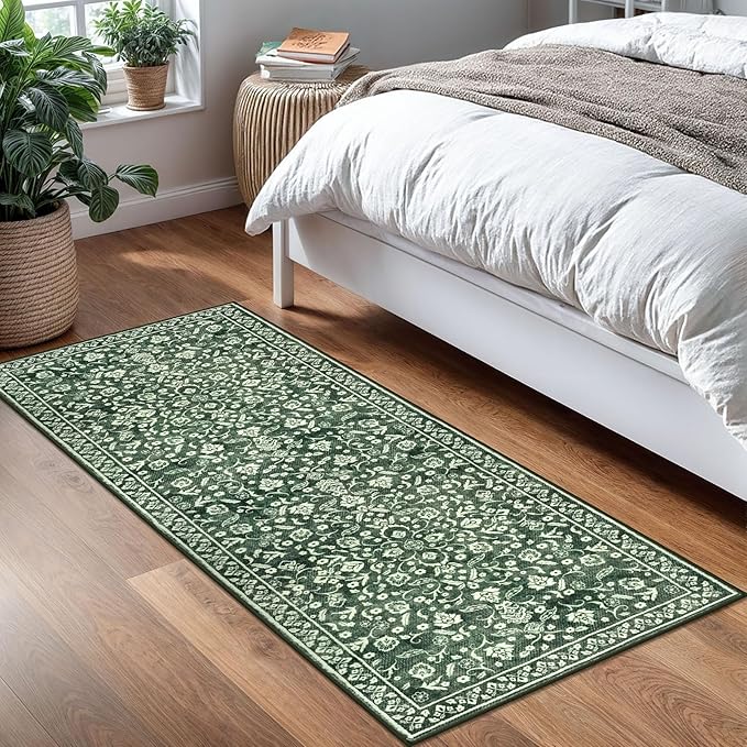 Vintage Washable 2x5 Rug Runner, Forest Green Runners for hallways, Super Soft Kitchen Runner Rug Non Slip, Print Faux Wool Floral Thin Carpet Runner for Entryway Indoor Bedroom