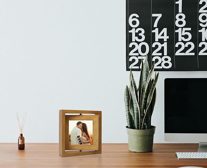 4x4 Double-Sided Rotating Floating Square Picture Frames (2 Pack, Brown), Solid Pine Wood with Real Glass for Horizontal Vertical Standing Display Desk Tabletop Photo Frames