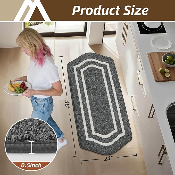 COSY HOMEER Long Kitchen Floor Mats for in Front of Sink Super Absorbent Kitchen Rugs and Mats 24"x48" Non-Skid Kitchen Mat Standing Mat Washable,Polypropylene,Dark Grey,Frame
