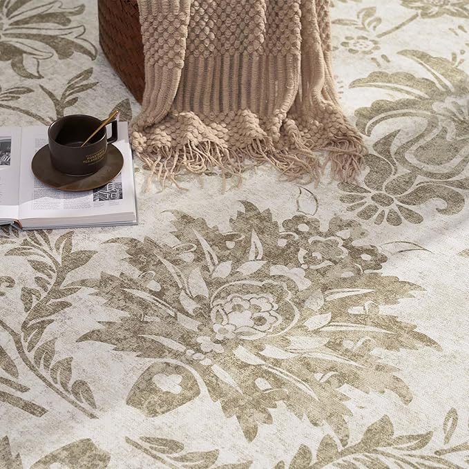 jinchan Torino 2x3 Washable Rugs for Entryway, Vintage-Inspired Floral Neutral Design Non-Slip Low-Pile Doormat, Ultra-Thin Indoor Traditional Accent Carpet for Entrance Bathroom Bedroom, Taupe