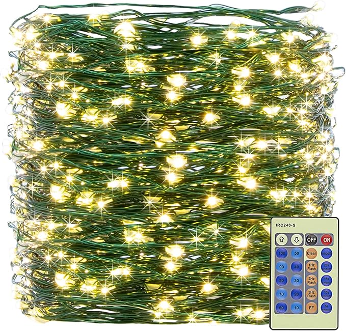 Outdoor Indoor String Lights Christmas 300LED Warm White Fairy Lights 99ft Green Wire Dimmable with Remote Control, Waterproof Fairy Light for DIY Christmas Tree Bedroom Patio Party Decor