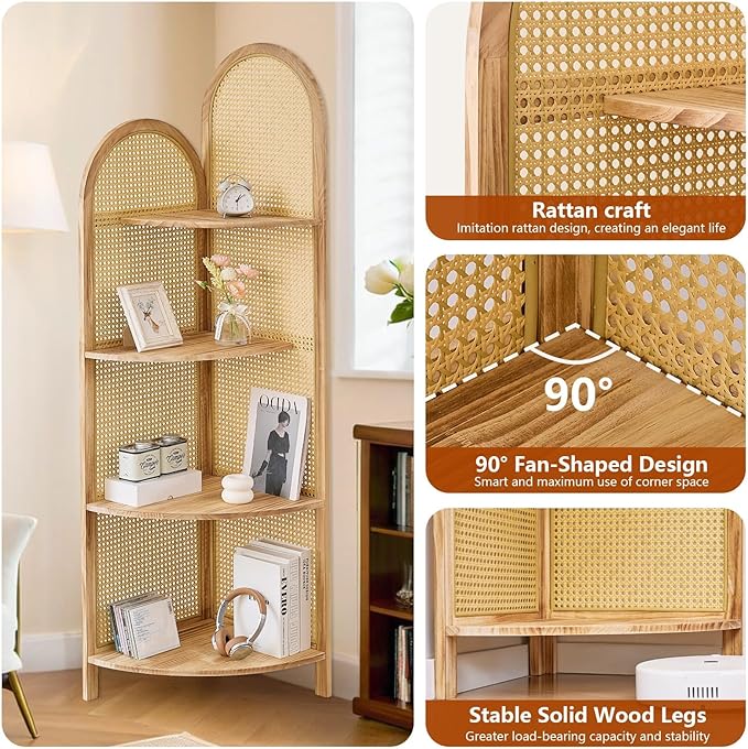 4-Tier Corner Shelf Stand 70" Rattan Corner Shelves Display Shelf Wall Corner Bookshelf with Solid Wood Frame Multi Unit Organizer Rack with Legs for Living Room Decor,Small Space, Natural