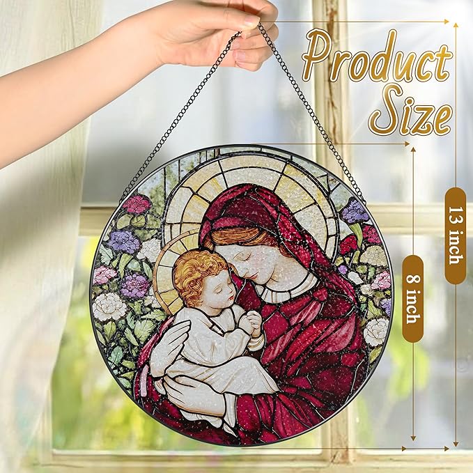 8 Inches Virgin Mary Stained Glass Suncatcher, Stained Glass Window Hanging, Christian Window Decor, Religious Christmas Ornament, Christian Gift, Religious Gift, Gifts for Christmas
