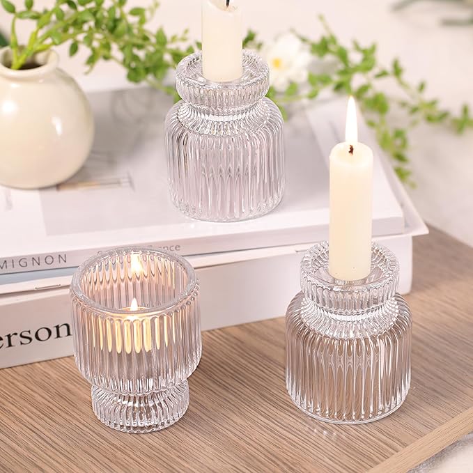 6 Pcs Clear Glass Candlestick Holders with Vertical Stripes - Dual-Use for Taper Candles & Votive/Tea Lights, Taper Candle Holders for Dining Table, Wedding, Home, Party Decor, Gifts